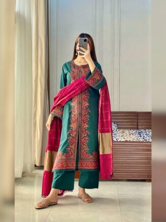 Gulbahar Grace 3PC Embroidered Stone Linen Suit – Emerald Green