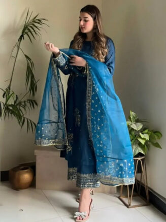 Midnight Blue Embroidered 3PC Stitched Linen Suit