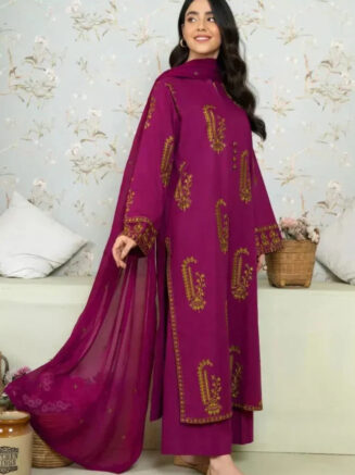 Stitched 3-Piece Cotton Suit with Chiffon Dupatta – Deep Magenta