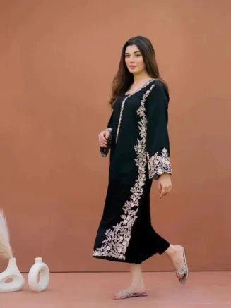 Black Embroidered Winter Linen 2-Piece Stitched Suit