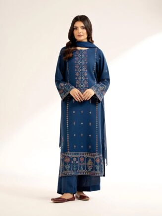 Deep Blue Premium Dhanak 3-Piece Embroidered Suit