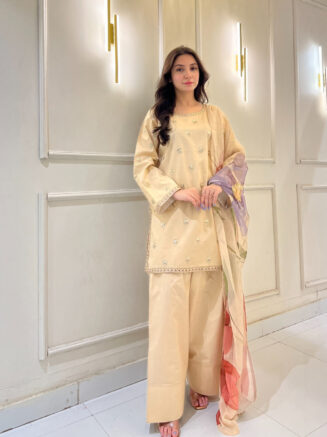 Soft Beige Embroidered Viscose 3-Piece Stitched Suit