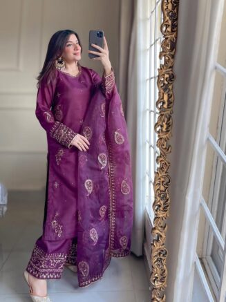 Pure Linen Embellished 3-Piece Stitched Suit – Plum