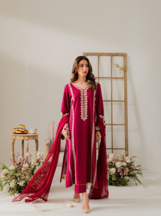 Mira Mahroon Red 3PC Embroidered Linen Suit