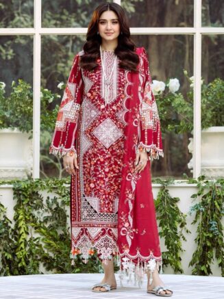 BIN ILYAS Lawn Red 3-Piece Suit with Chiffon Dupatta