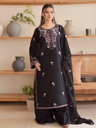 Juhi 3PCs Stitched Luxury Eid Soft Linen Suit with Embroidered Chiffon Dupatta
