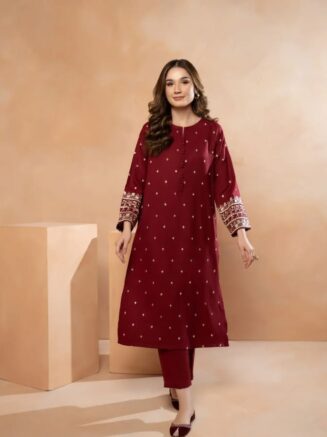 Pop Garnet Maroon 2PC Stitched Lawn Suit