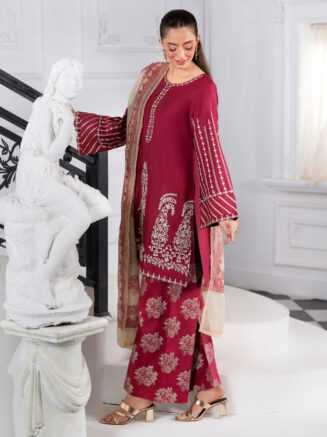 Mirha Red Embroidered 3PC Stitched Winter Suit – Festive Wear
